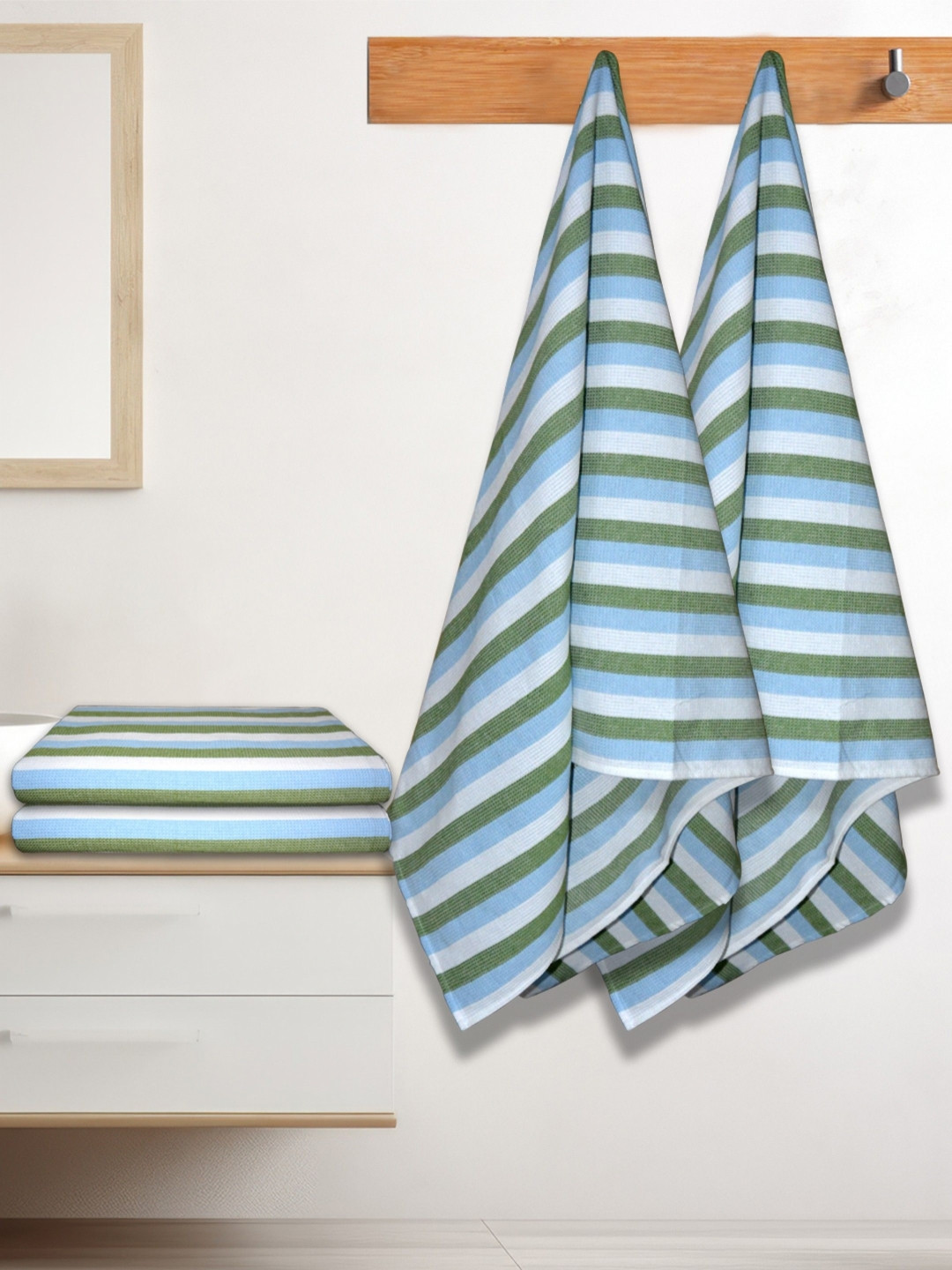 Athom Living Iris Green and Blue 4 Pieces Striped Cotton 210 GSM Bath Towels