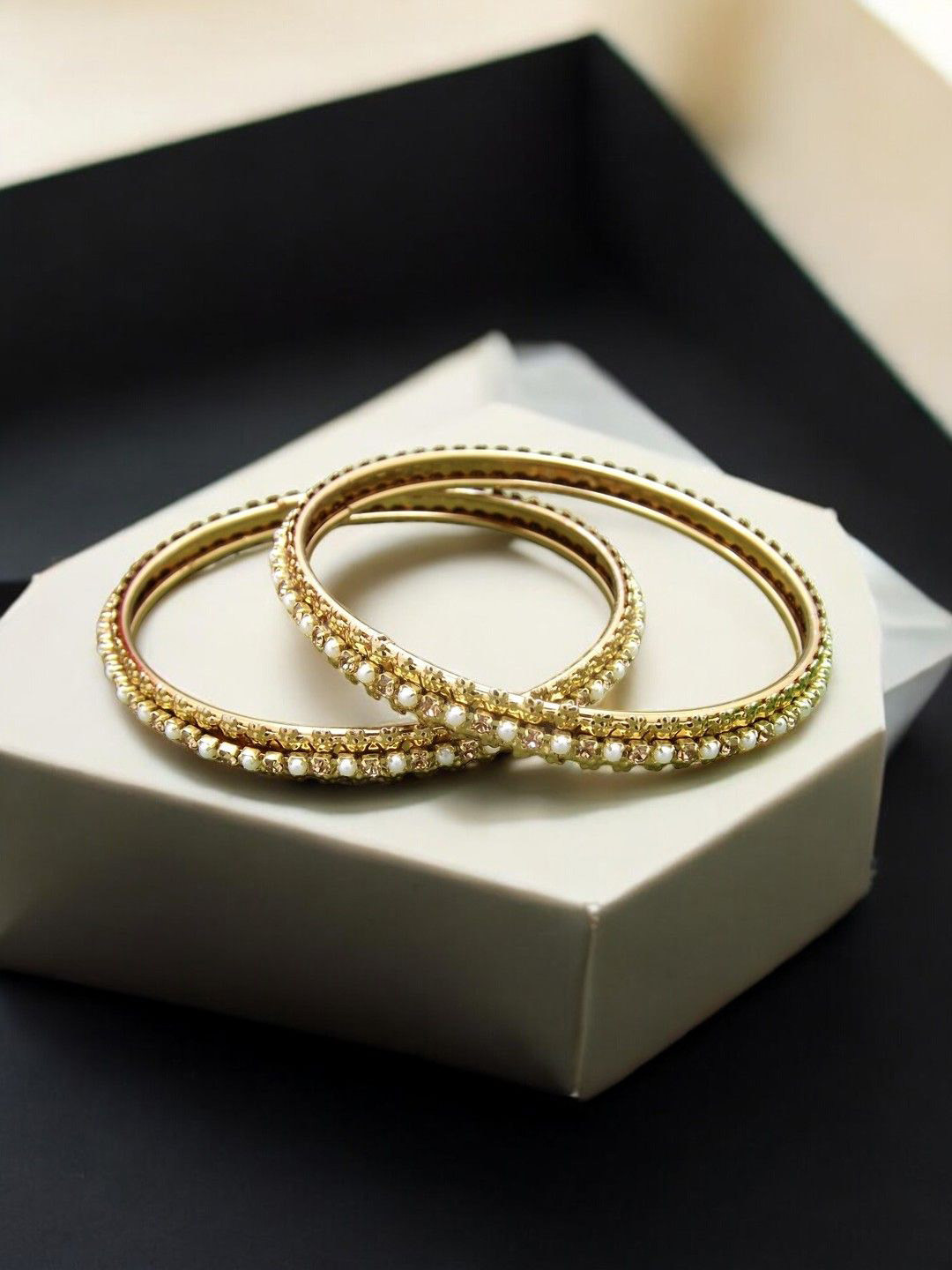 FEMMIBELLA Set Of 2 Gold-Plate Artificial Stones Studded And Beaded Bangles