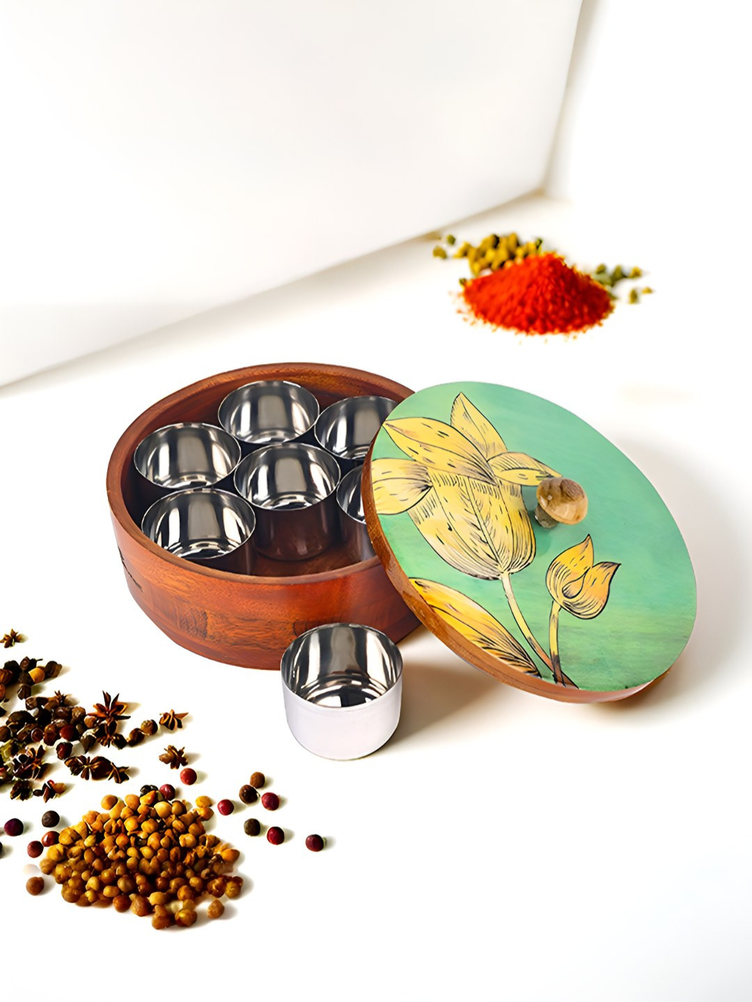 The Better Home Green 7 Steel Jars Mina Design Masala Box