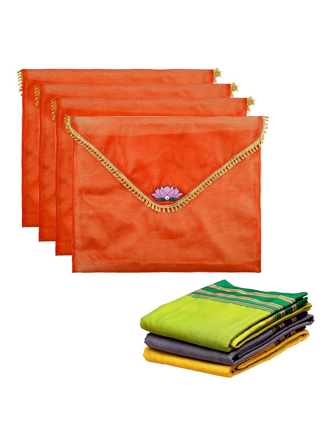 Kuber Industries Orange Colored 4 Pieces Printed Saree Covers Organisers With Flap Closure