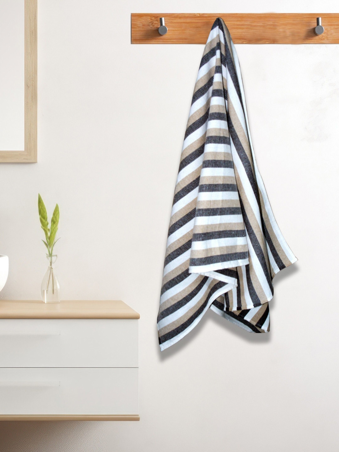 Athom Living Iris Beige and Black Striped Cotton 210 GSM Bath Towel