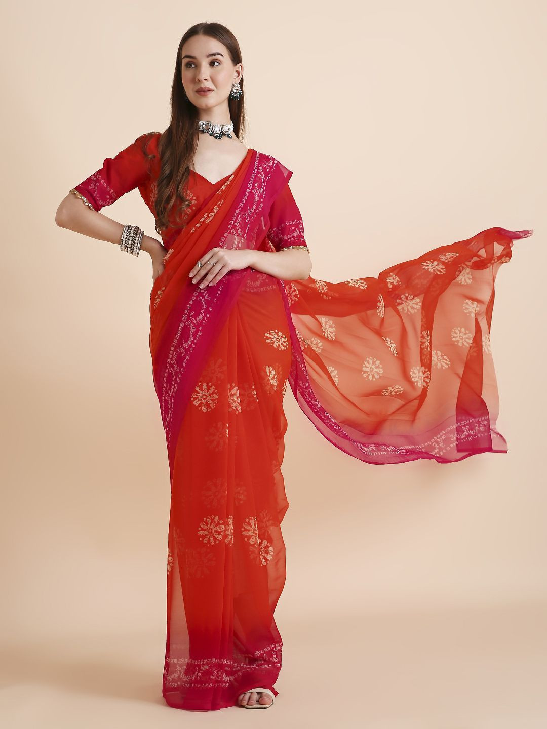 RATAN Women Chiffon Batik Printed Tie-dye Saree With Running Blouse Piece