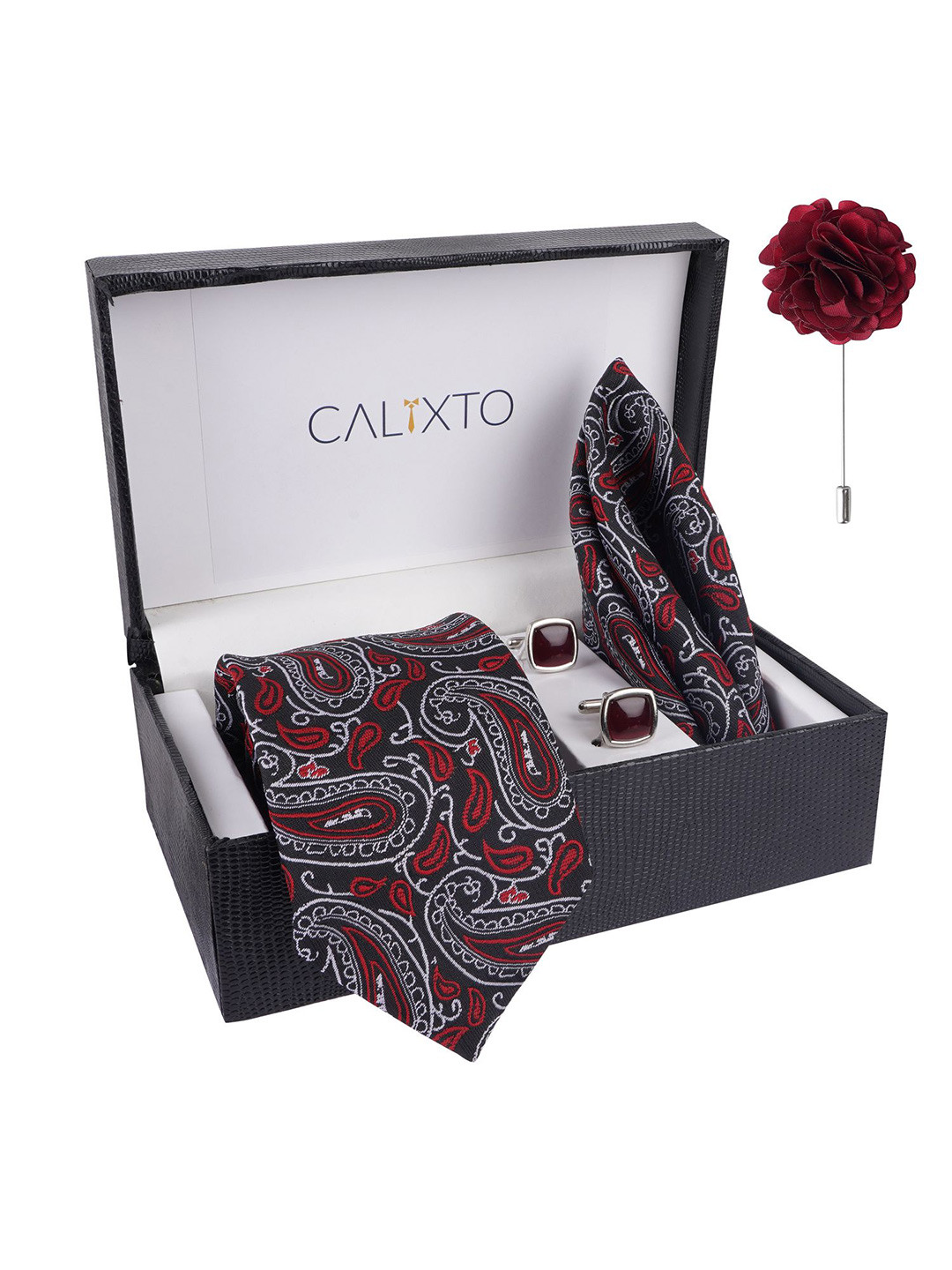 CALIXTO Men Necktie With Pocket Square & Lapel Pin & Cufflinks Gift Set