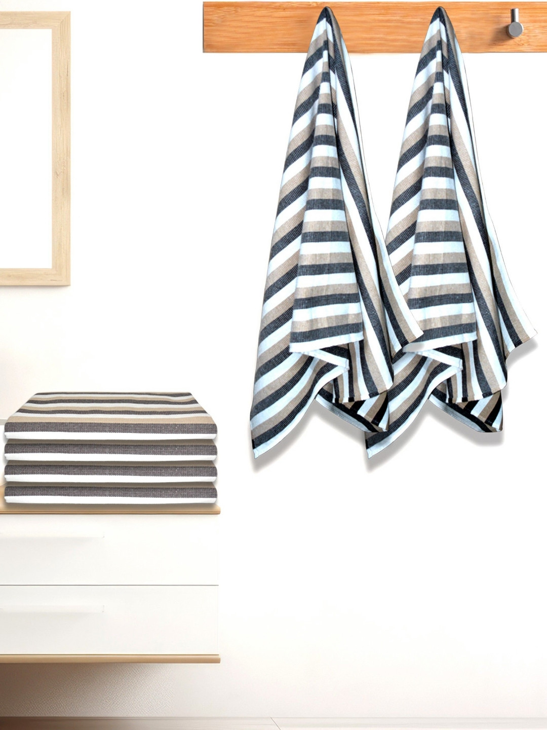 Athom Living Iris Beige and White 6 Pieces Striped Cotton 210 GSM Bath Towels