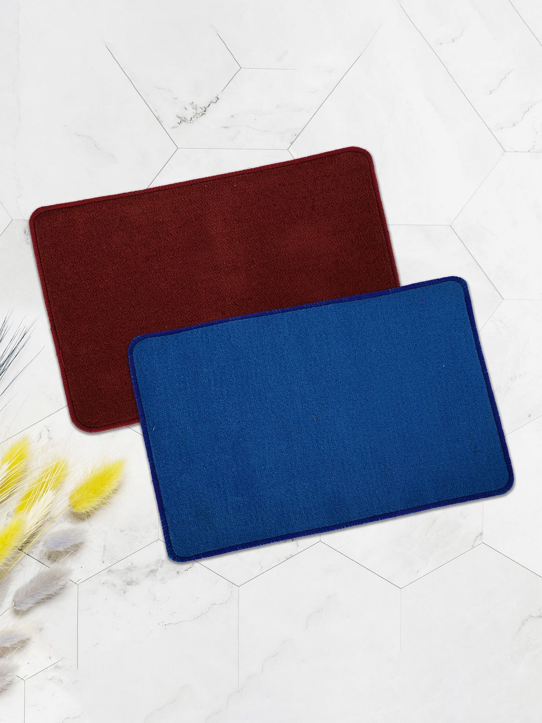 Aura 2Pcs Blue & Maroon Microfibre Anti-Skid Doormats