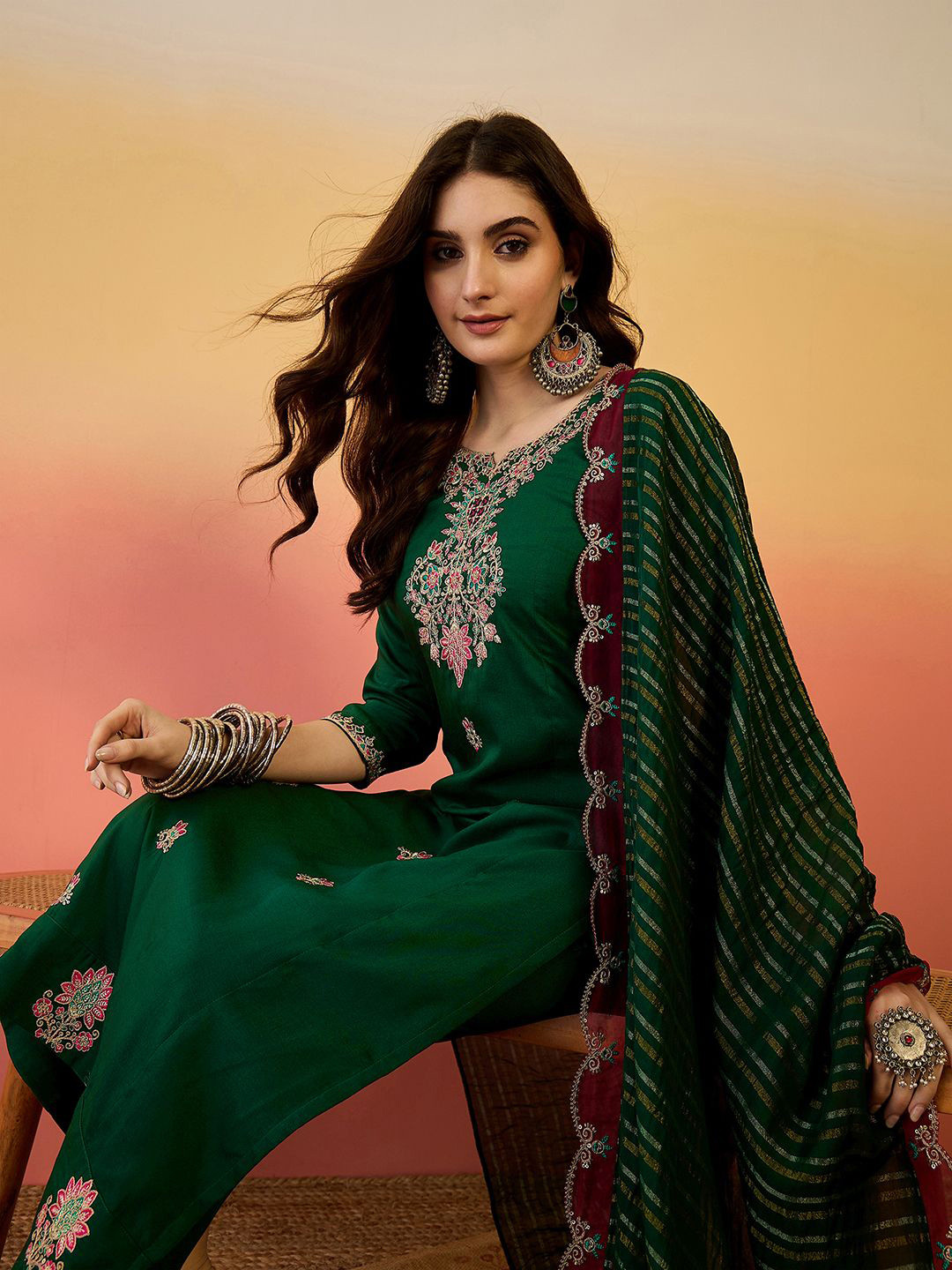 Sangria Floral Embroidered Notch Neck Panelled Straight Kurta & Trousers With Dupatta