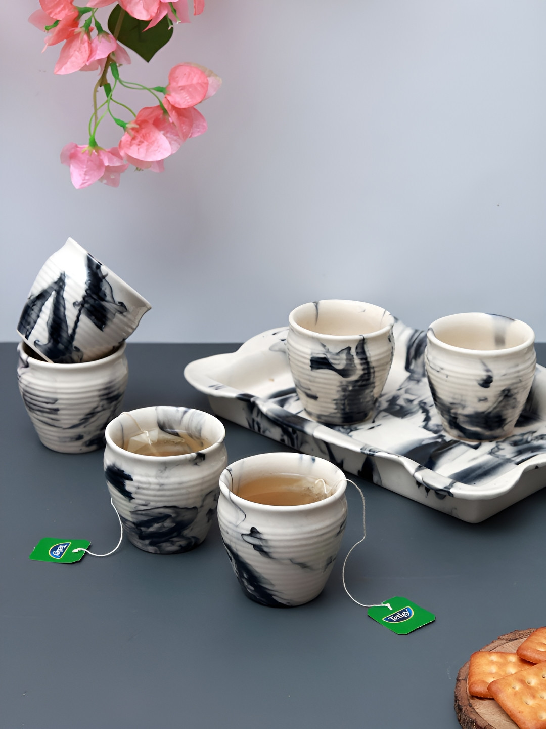 Unravel India Black Striped Ceramic Microwave Safe 6 Piece Kulhad with Tray-110ml