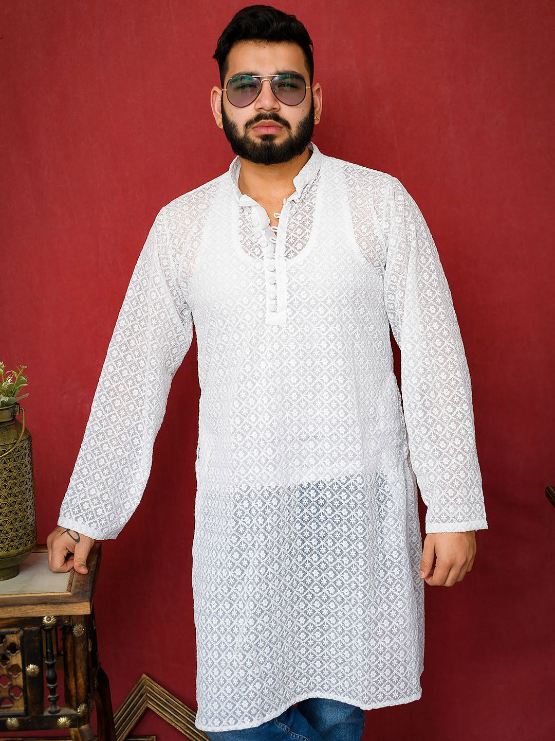 Echo Ethnic Men Ethnic Motifs Embroidered Chikankari Handloom Georgette Kurta