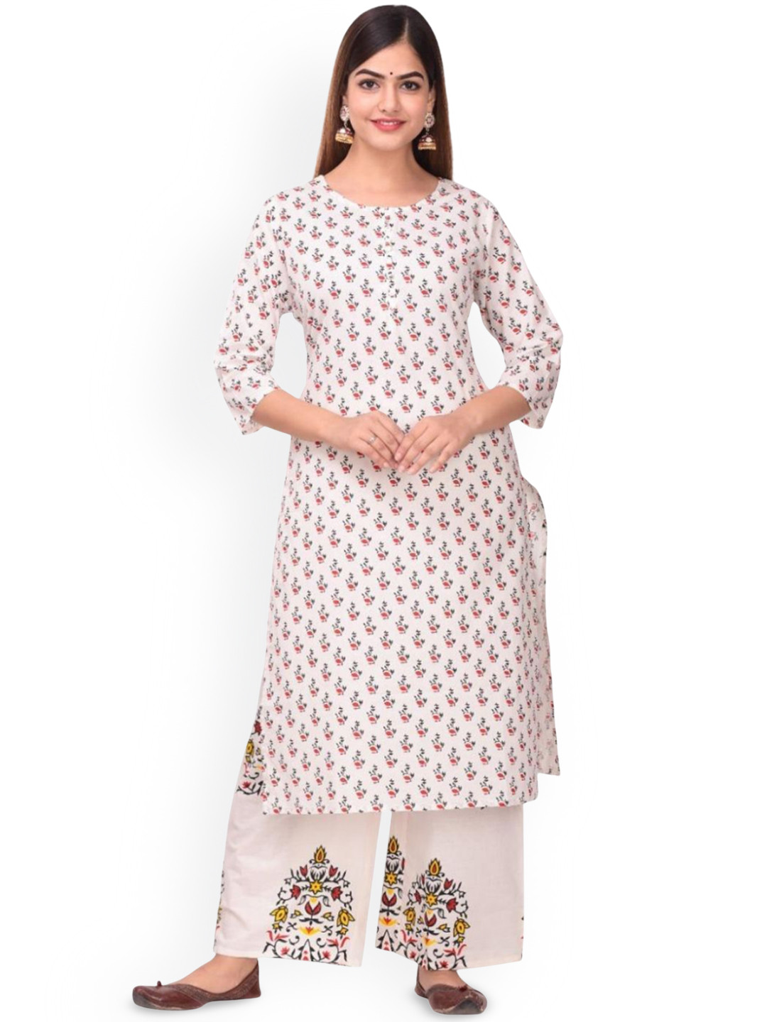 Atha Fashion Ivory Bloom Floral Printed Pure Cotton Straight Kurta with Palazzos & Dupatta
