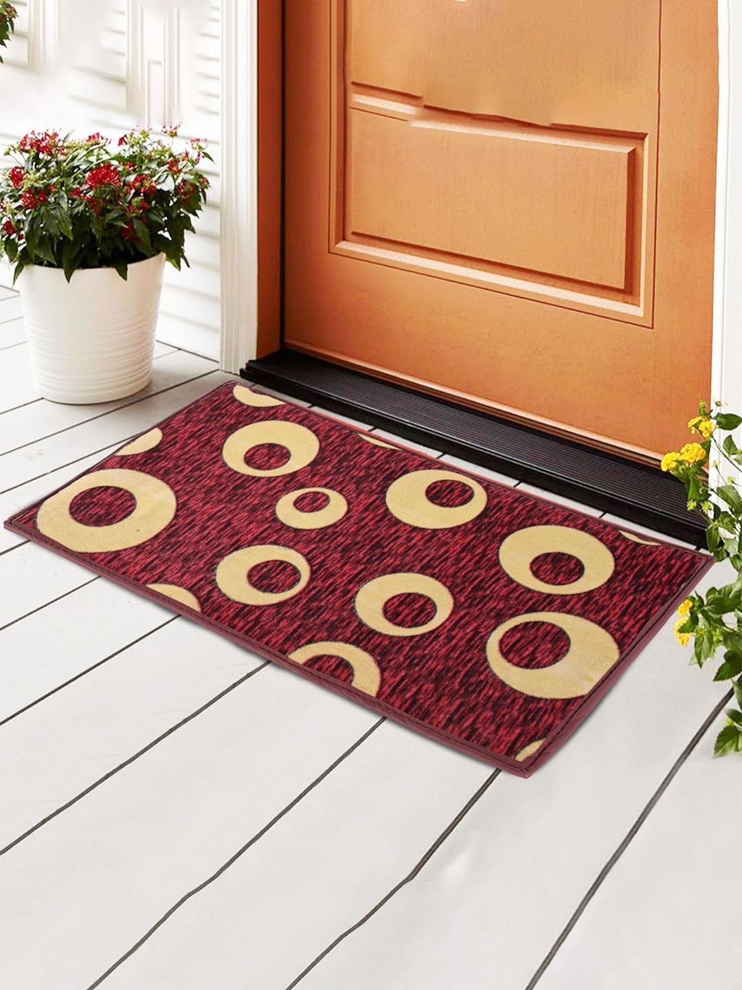 Aura Brown & Red Circles Self Design Anti-Skid Doormat