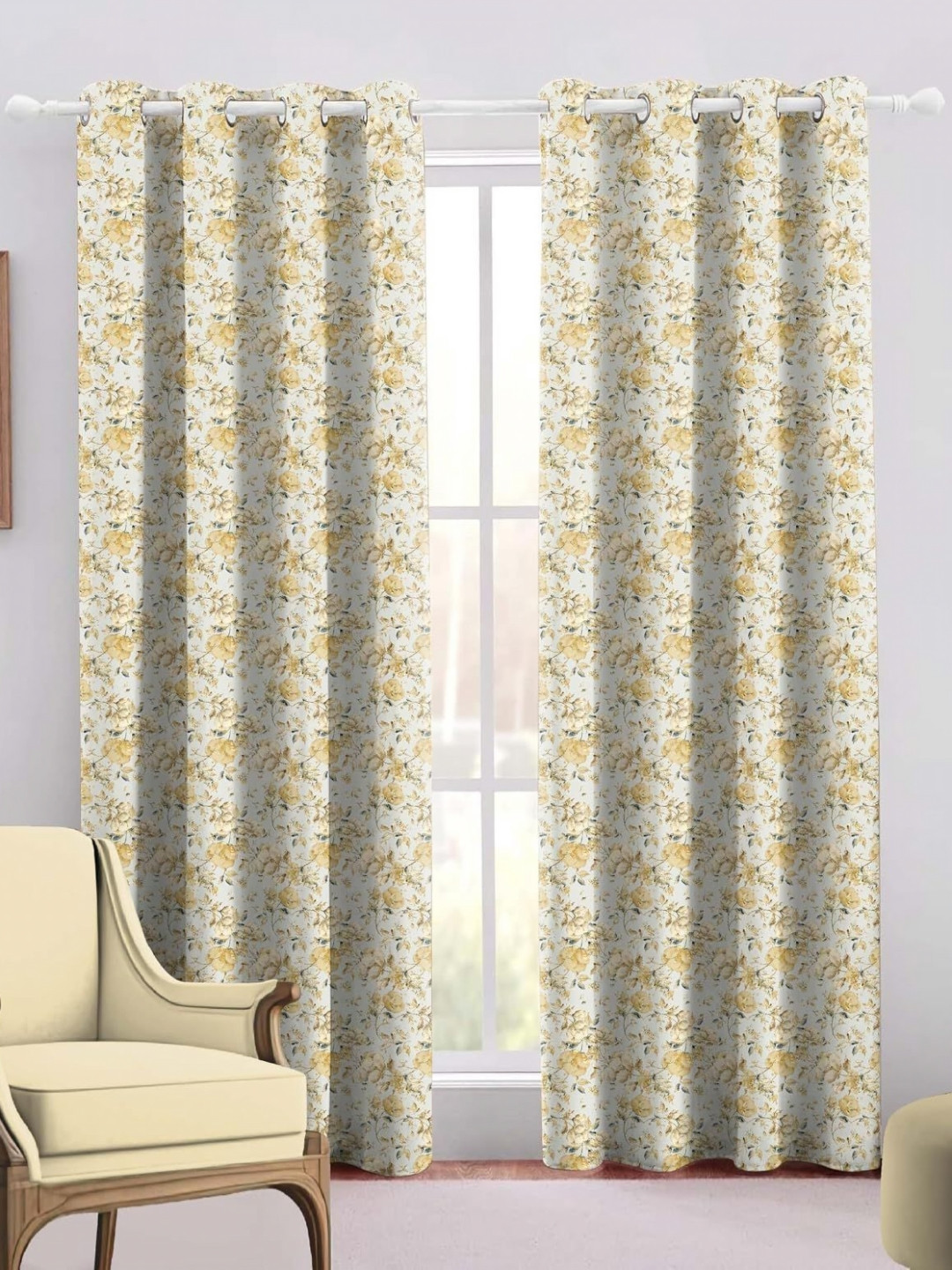 Trance Home Linen White & Gold-Toned 2 Pieces Floral Printed Cotton Door Curtains