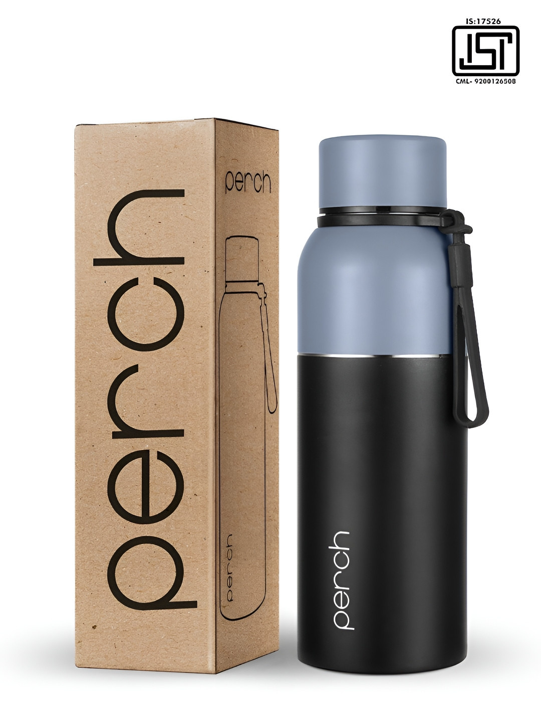 PERCH Grey & Black Single Stainless Steel Colourblocked Double Wall Vacuum Water Bottle