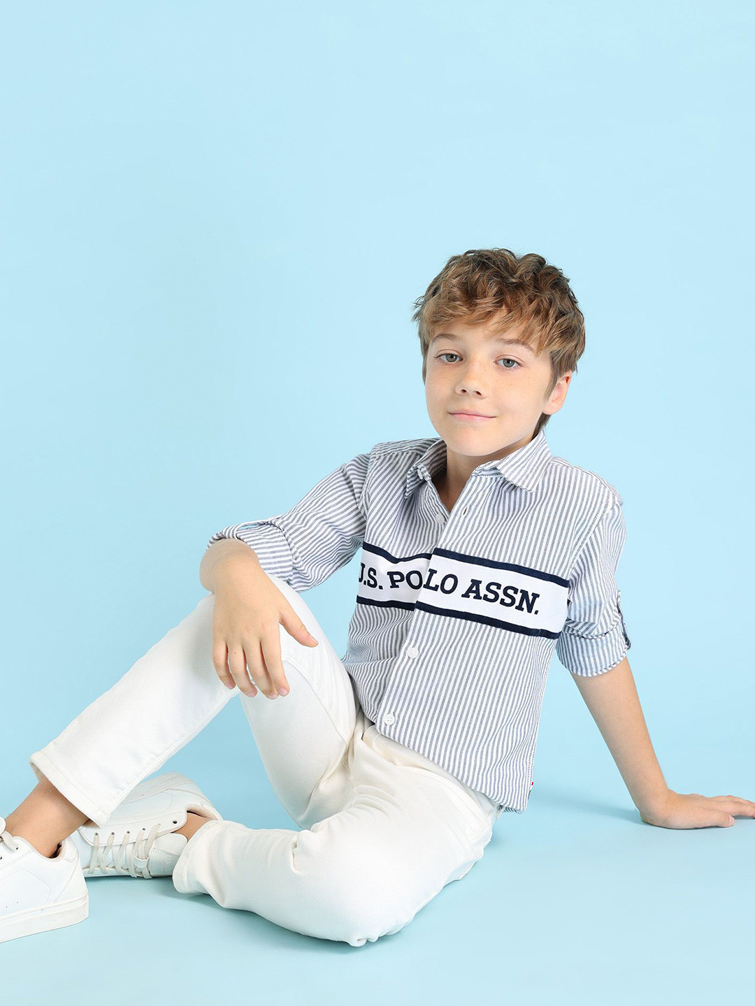 U.S. Polo Assn. Kids Boys Classic Fit Spread Collar Vertical Striped Cotton Casual Shirt