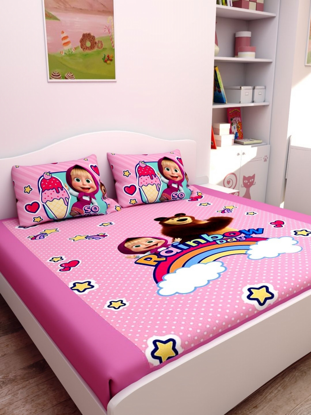 Athom Living Masha & The Bear Theme Kids King Bedsheet with 2 Pillowcover Pink 270x270cm