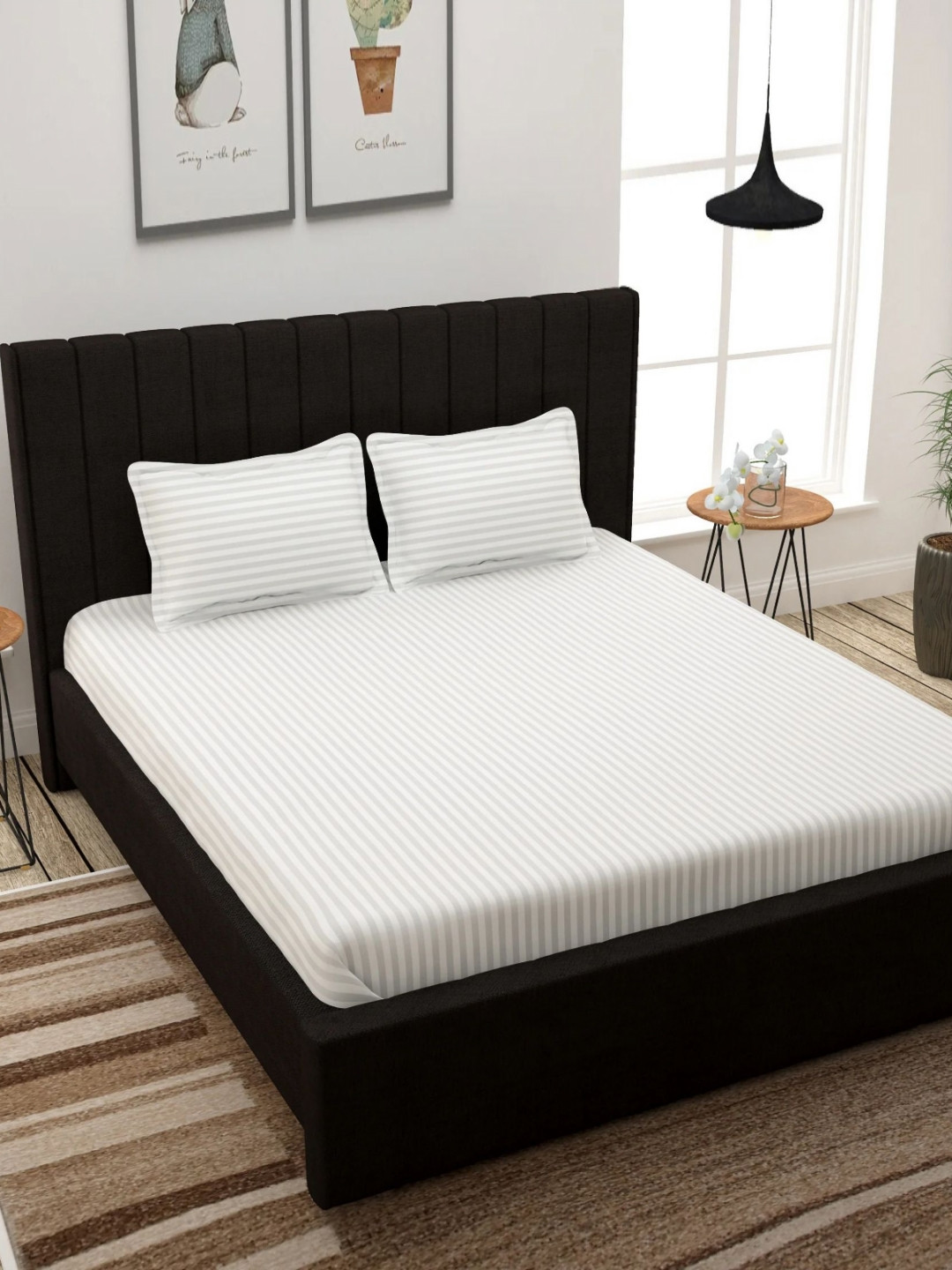 Florida Blaze White Striped Polycotton 200 TC King Fine Bedsheet with 2 Pillow Covers-108 x 90 inches