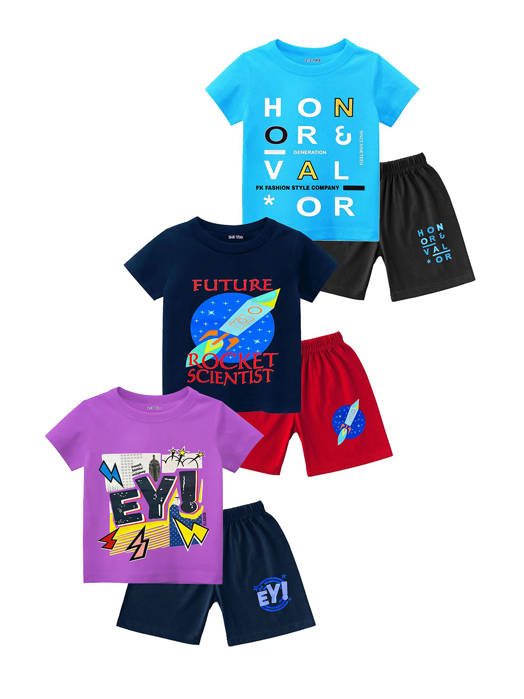 FRENCH KLEIDER Boys Pack Of 3 Printed Round Neck Pure Cotton T-shirt With Shorts