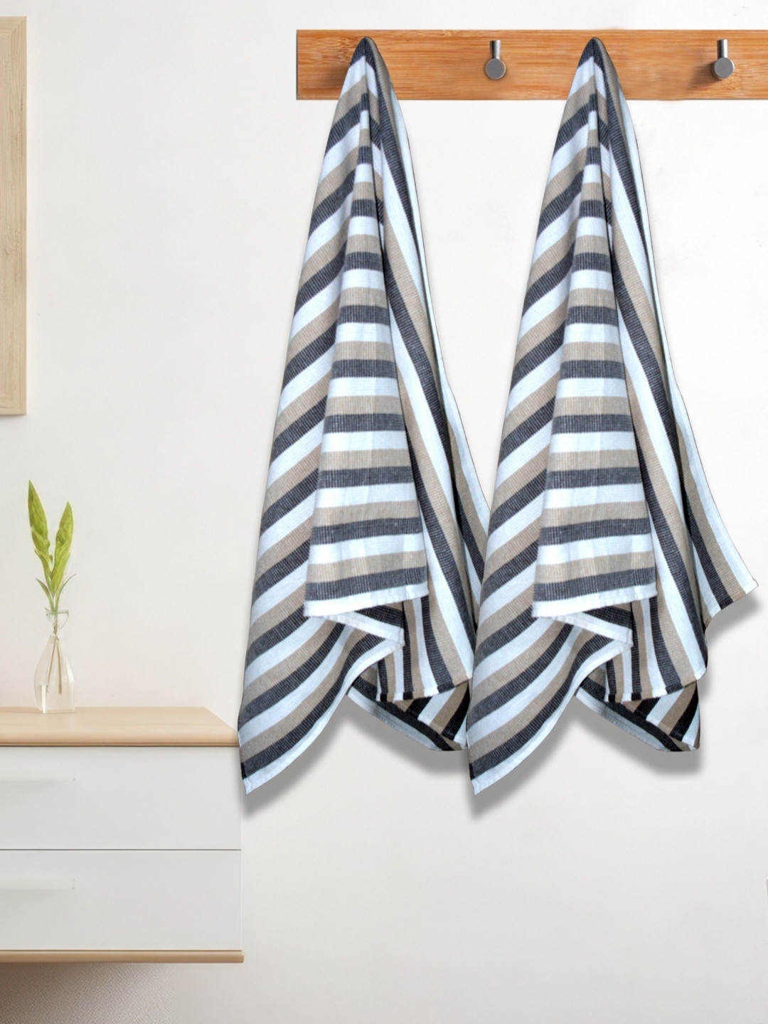 Athom Living Iris Beige and White 2 Pieces Striped Cotton 210 GSM Bath Towels