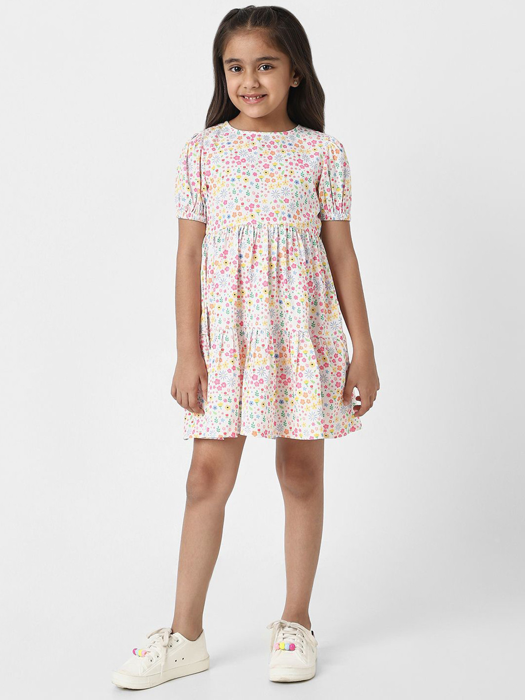 Nauti Nati Girls Floral Print White Cotton Frock