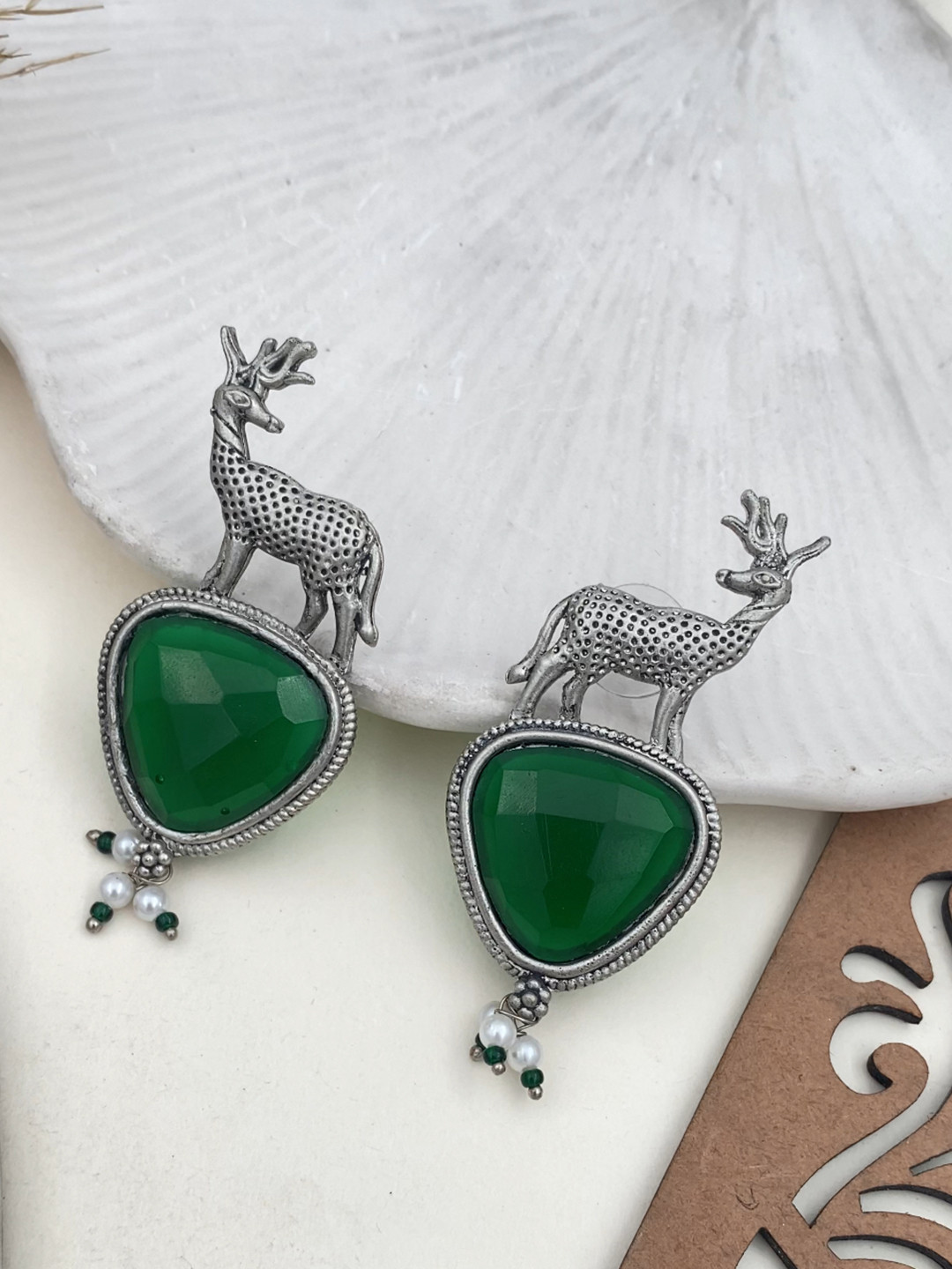 Rare Bello Silver-Plated Artificial Stones Studded & Beaded Contemporary Drop Earrings