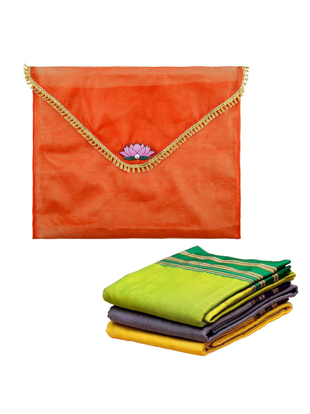 Kuber Industries Orange Colored Printed Organza Saree Cover With Flap Closure