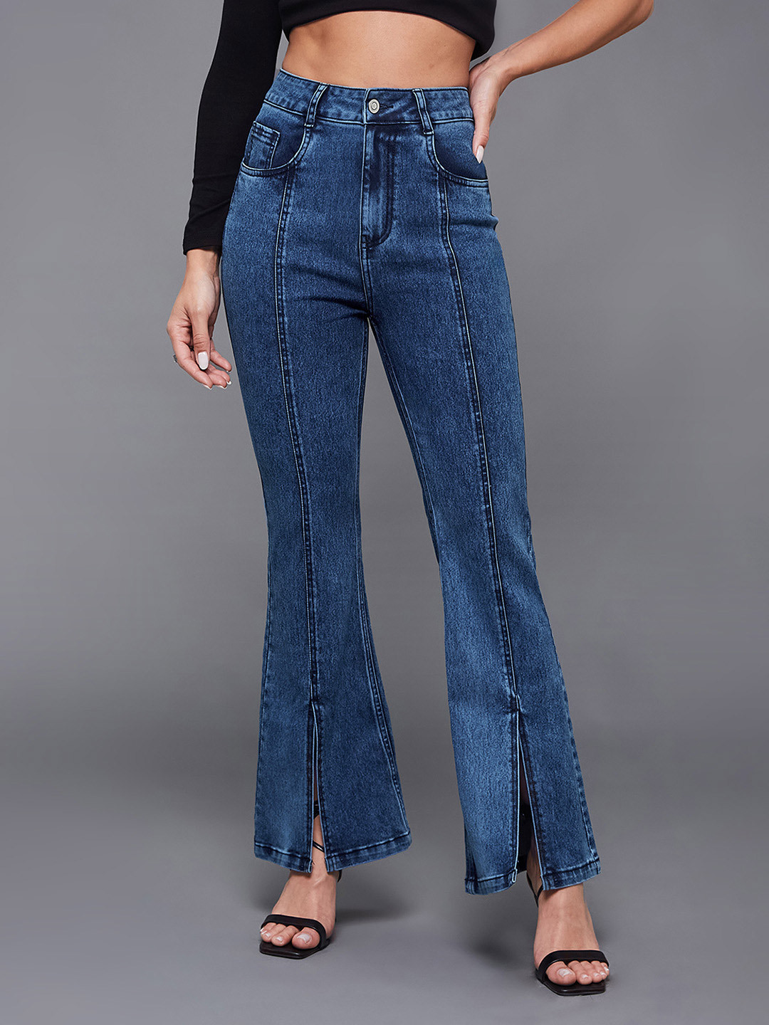 Miss Chase Women High-Rise Heavy Fade Slits Stretchable Bootcut  Jeans