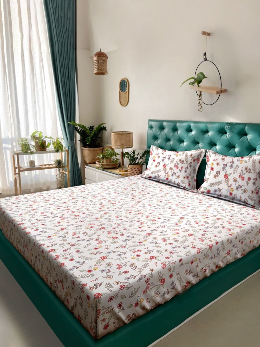 Myntra Elegant Homes Off White Floral Cotton 300 TC Super King Fine Bedsheet with 2 Pillow Covers-270 x 270 cm