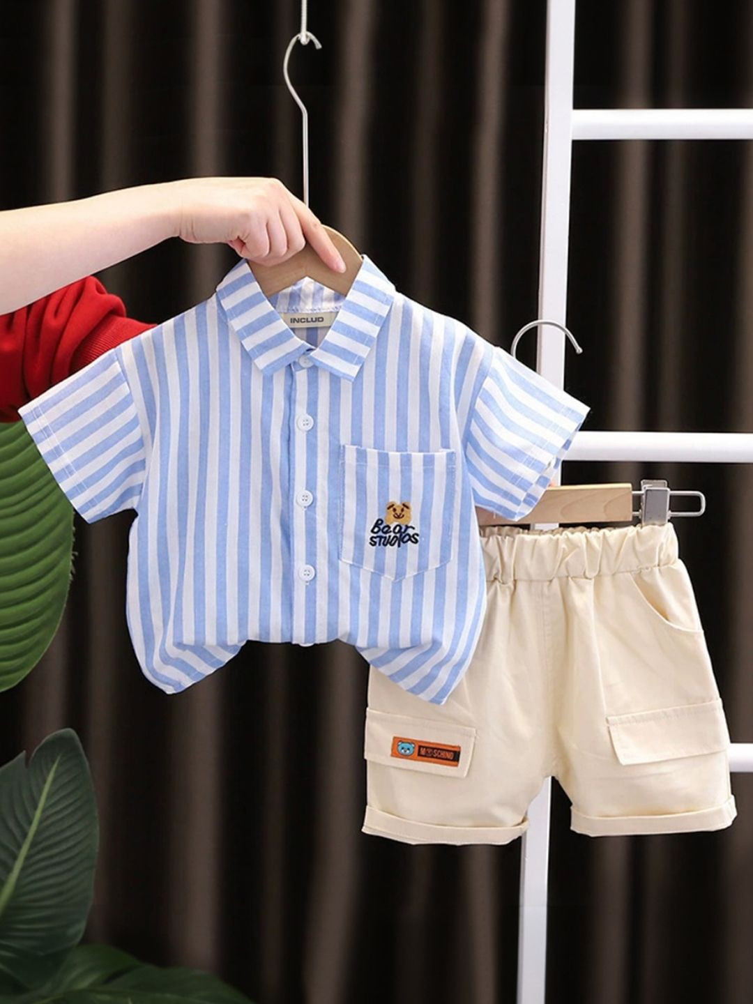 INCLUD Boys Blue Striped Shirt With Shorts Short Sleeve Clothing Set