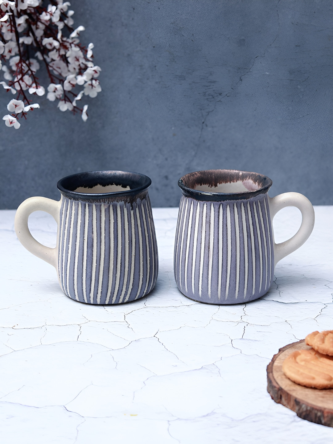 Unravel India Latte Grey Striped Ceramic Handmade 2 Piece Mugs-180ml
