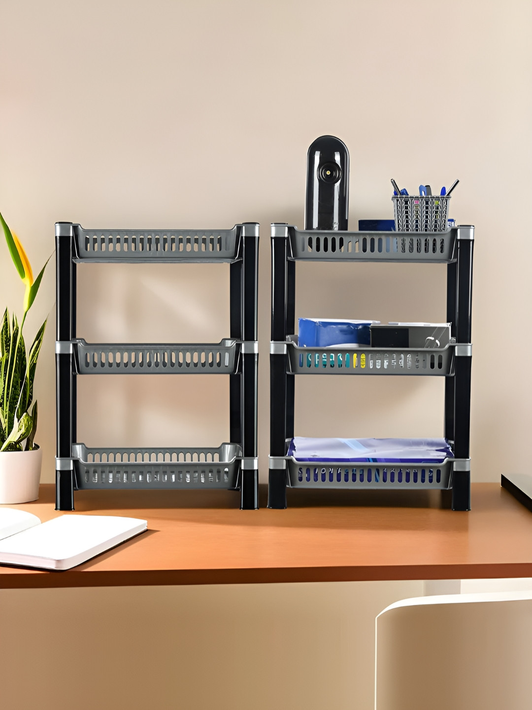 Aura Black & Grey 2 Pcs 3-Tier Multipurpose Racks For Storage Multi-Utility Organisers