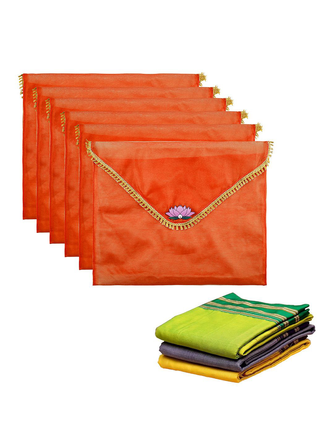 Kuber Industries Orange Colored 6 Pieces Printed Saree Covers Organisers With Flap Closure