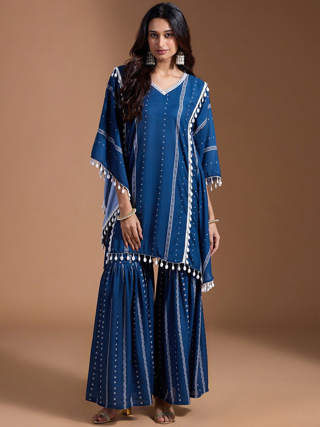 KALINI Geomteric Printed V Neck Beads and Stones Kaftan Kurta With Sharara