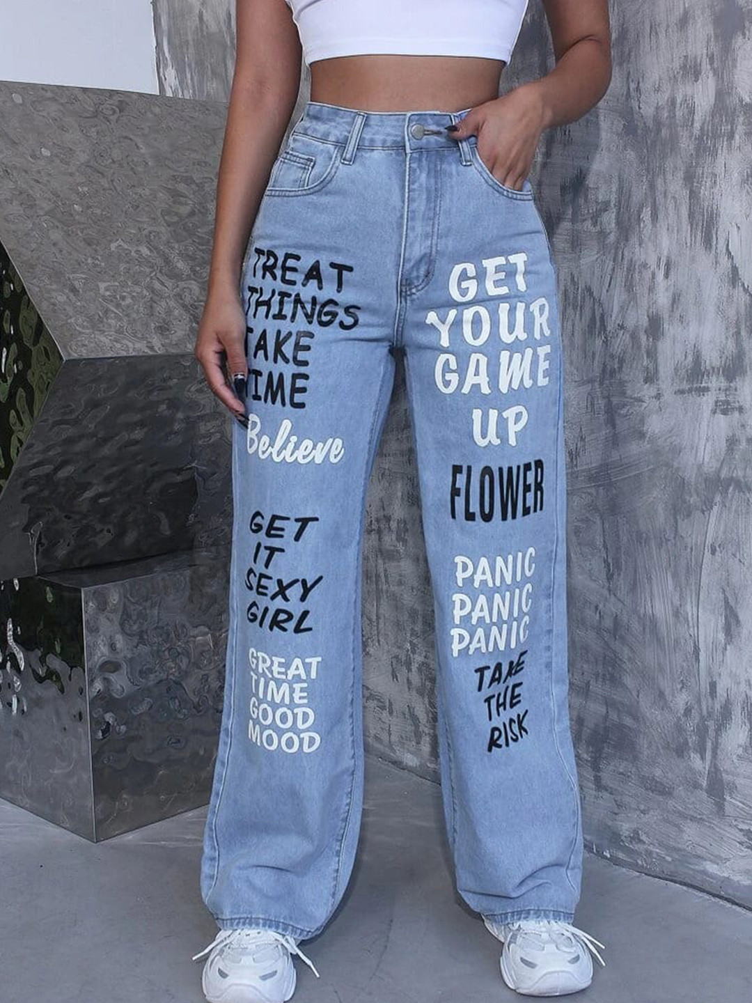 HIGH BUY Women Loose Wide Leg High-Rise Acid Wash Jeans