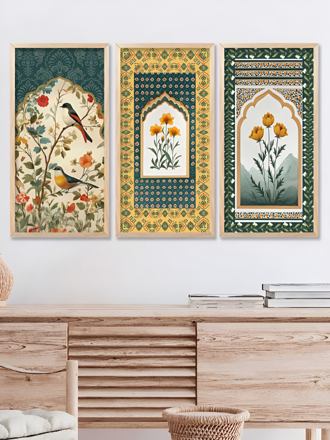 WALLLANE Yellow & White 3 Pieces Traditional Printed Wooden Wall Art