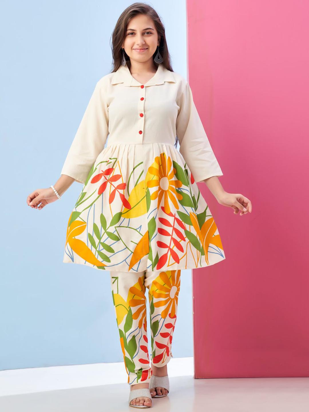 BAESD Girls Floral Printed Shirt Collar Pleated A Line Pure Cotton Kurta With Trousers