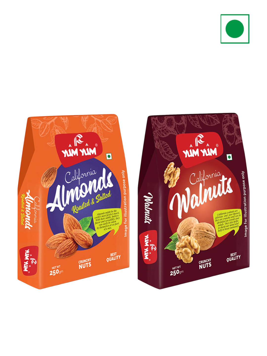 YUM YUM Set Of 2 Roasted Almonds & Walnut Kernels - 250g Each