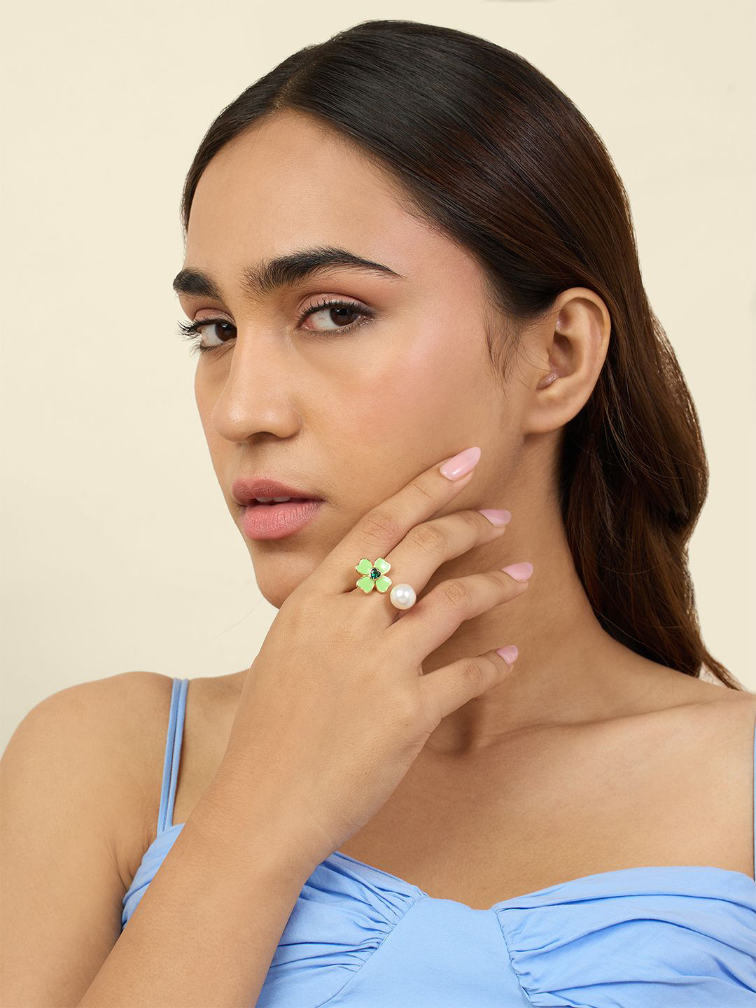 Isharya 18KT Gold Plated Stone Studded & Pearls Beaded Neon Clover Finger Ring
