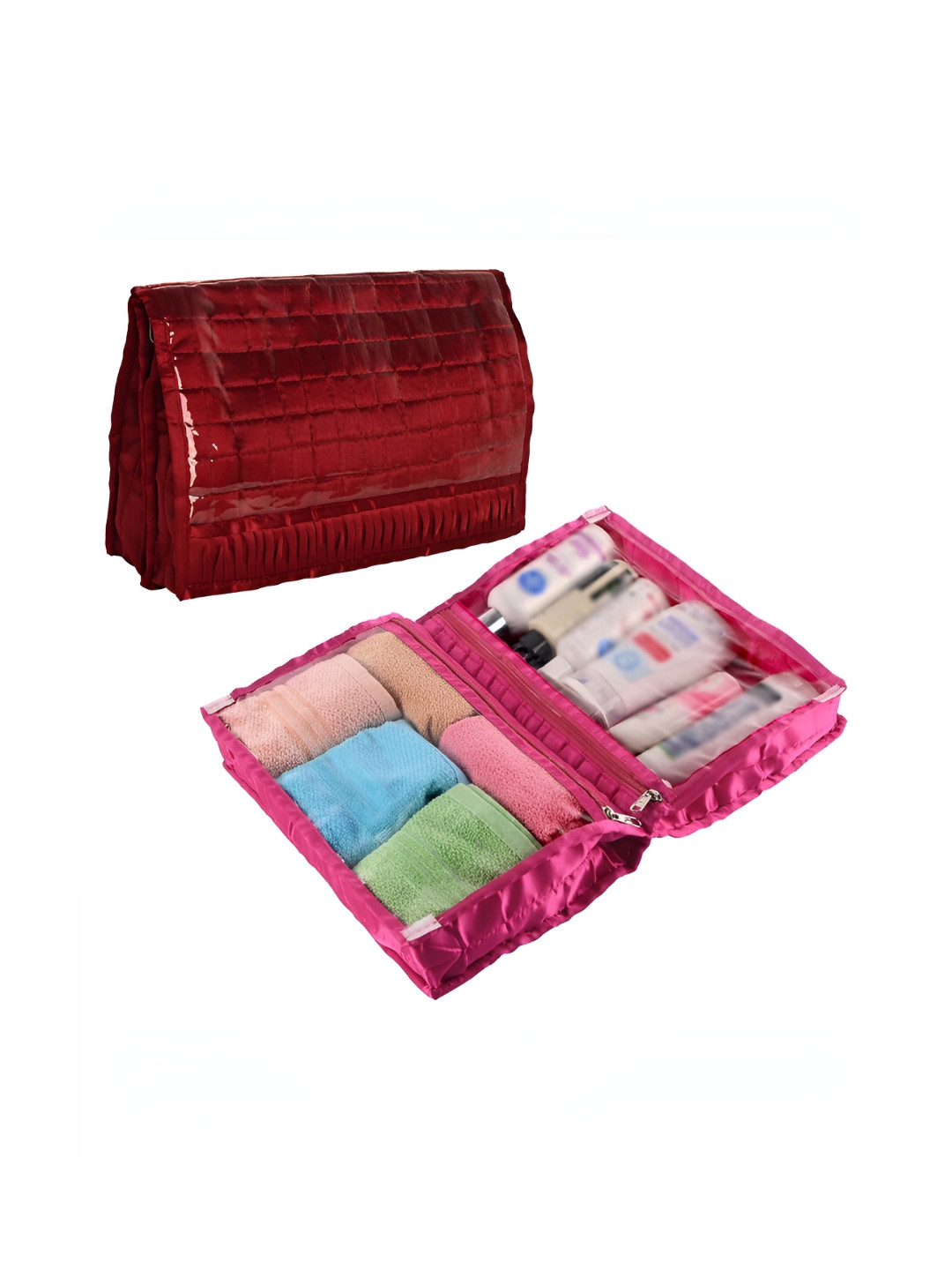 Aura Pink & Marron 2 Pcs Self Design Satin Frill Makeup Organiser