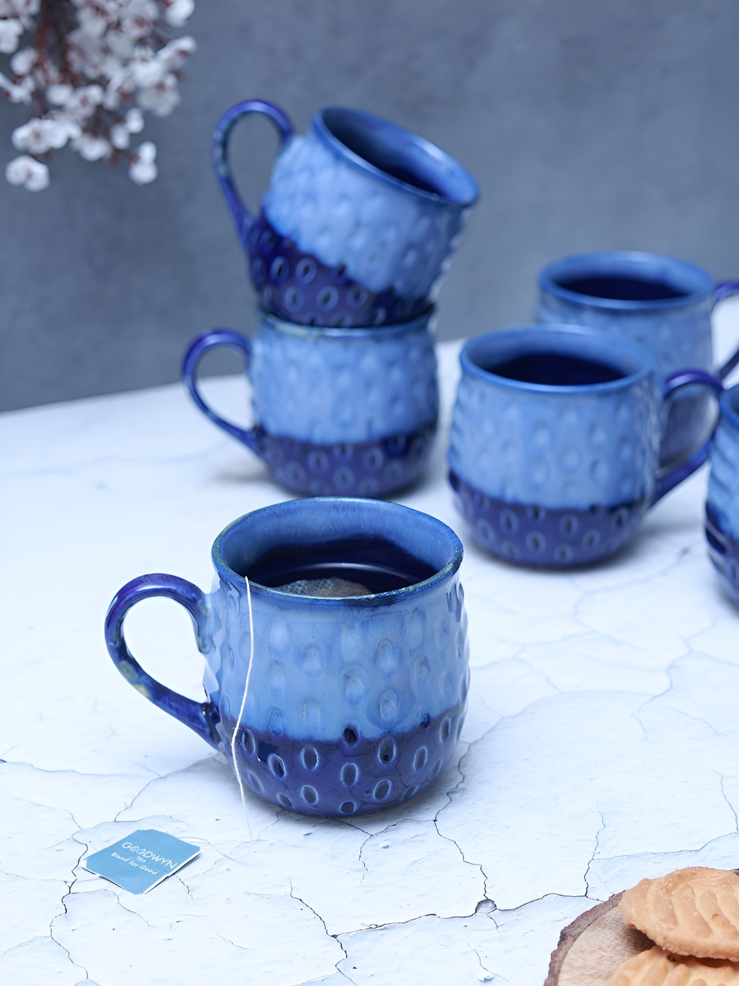Unravel India Blue 6 Pieces Polka Dot Textured Ceramic Glossy Mugs 180 ml Each