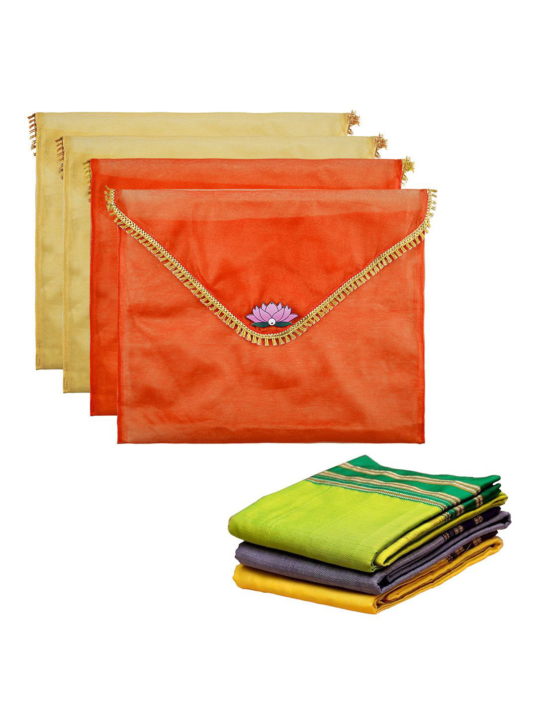 Kuber Industries Orange Colored 4 Pieces Printed Saree Covers Organisers With Flap Closure