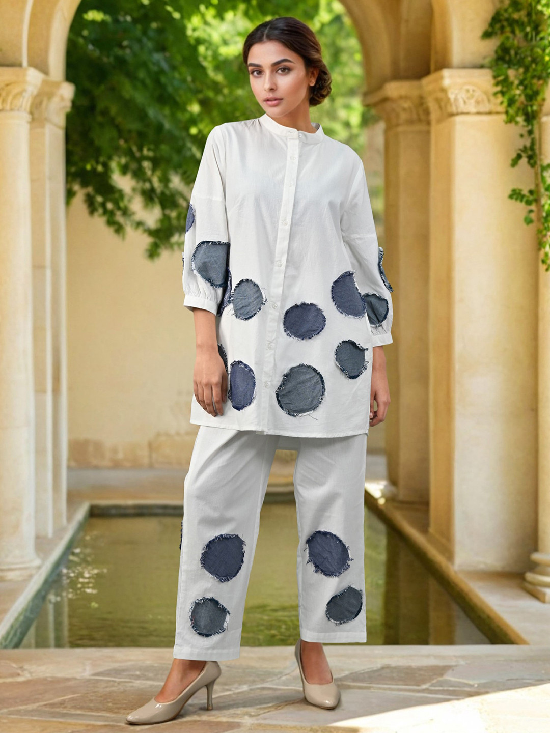 AUTUMN LANE Ubud Pearl Self-Design Mandarin Collar Cotton Tunic With Trousers Co-Ords