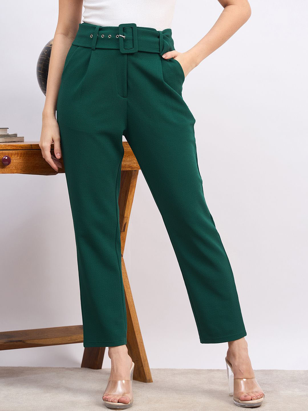 Berrylush Women High-Rise Slim Fit Formal Trousers Comes with a belt