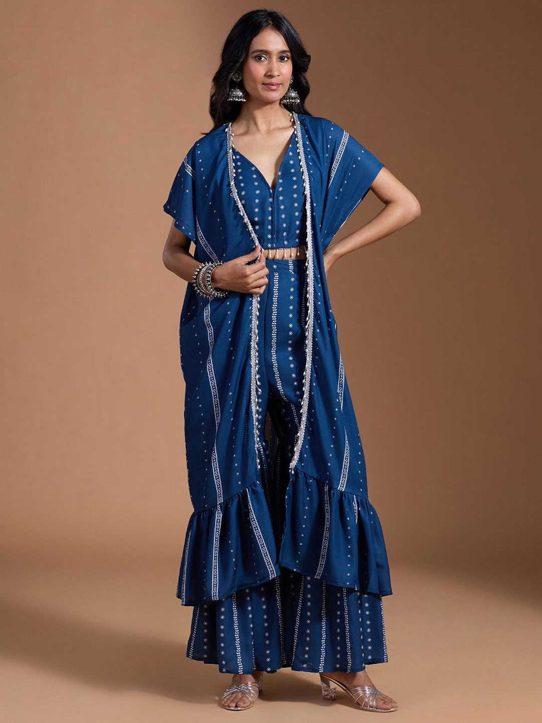 KALINI Floral Printed V Neck Top With Sharara And Shrug