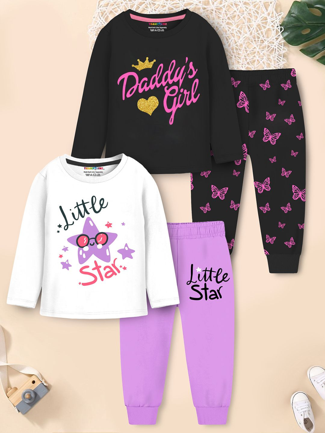 YK X Trampoline Girls Pack of 2 Graphic Printed Round Neck T-shirt With Pyjamas