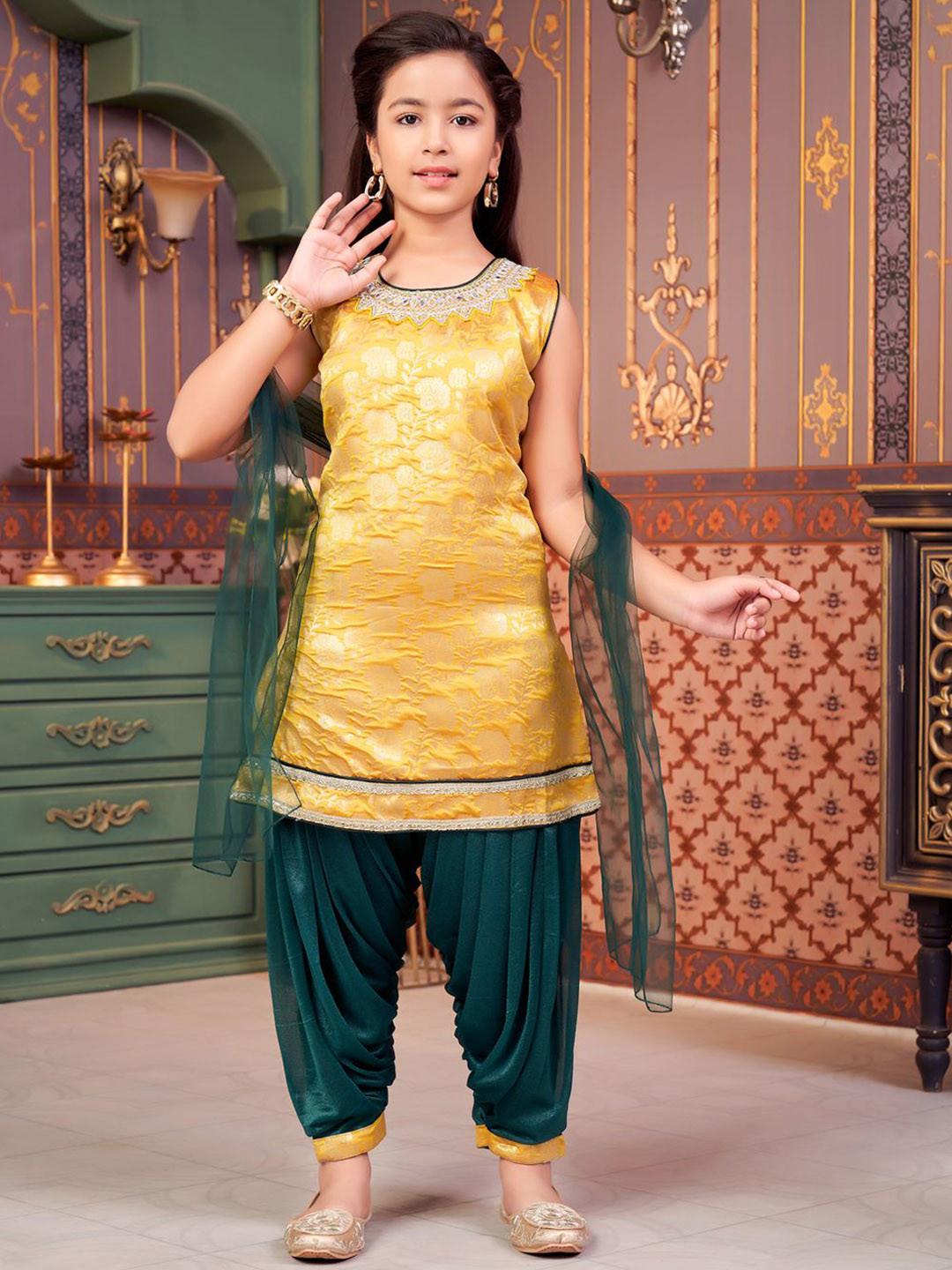 BAESD Girls Floral Woven Design Mirror Work Art Silk Straight Kurti With Patiala & Dupatta