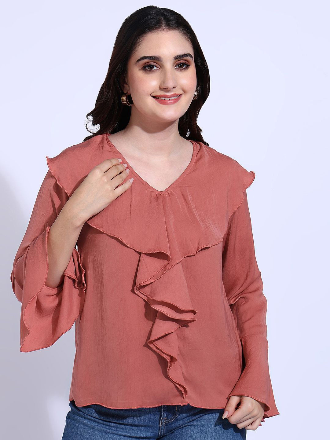 Murcia Bell Sleeve Ruffles Satin Top