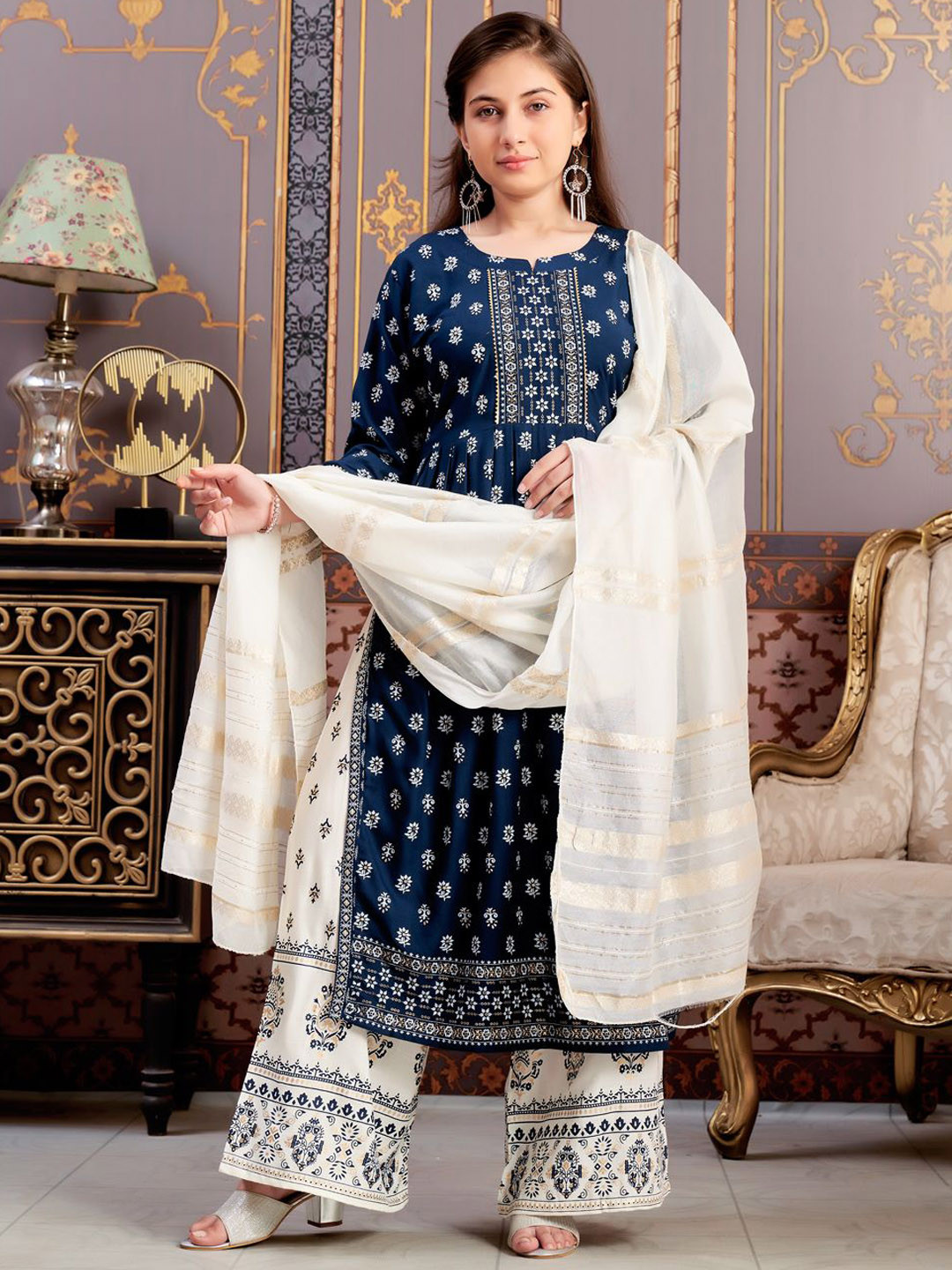Sangria Girls Floral Printed Round Neck Pleated Foil Print  urta Trouser With Dupatta