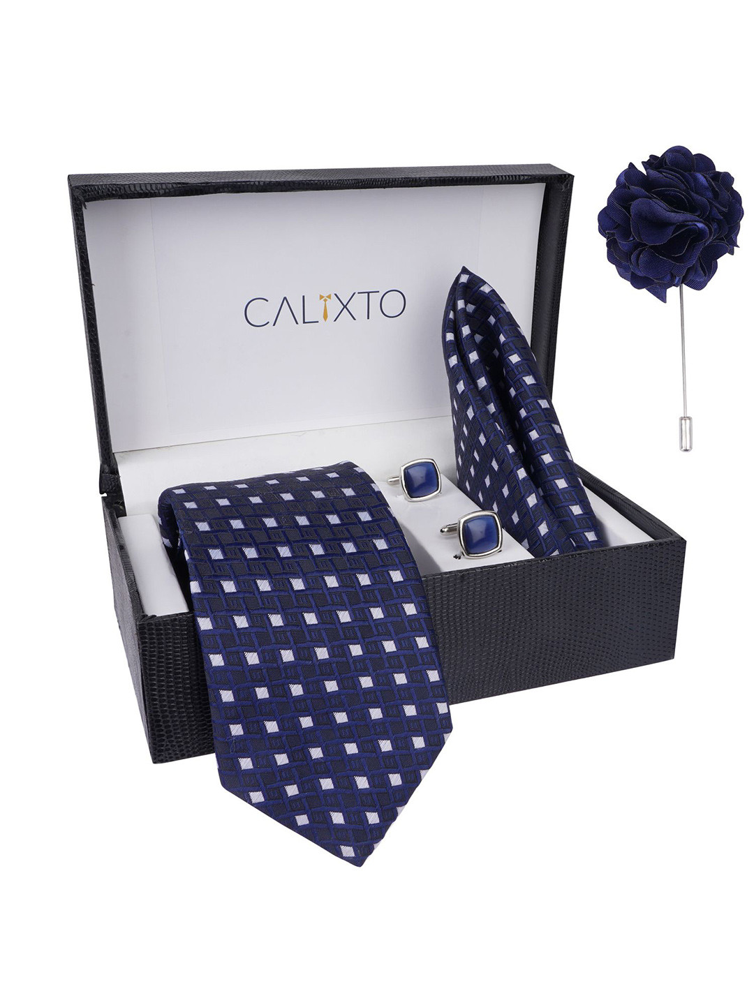 CALIXTO Men Necktie Tie With Pocket Square & Lapel Pin & Cufflinks Accessory Gift Set
