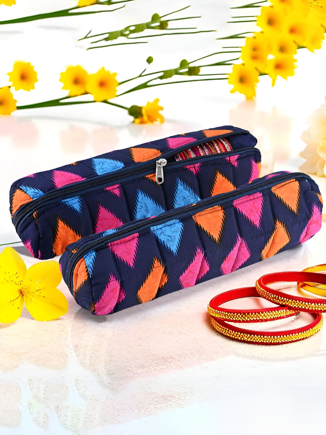 Aura Blue 2 Pieces Geometric Printed Single-Rod Bangles Organisers Storage Box