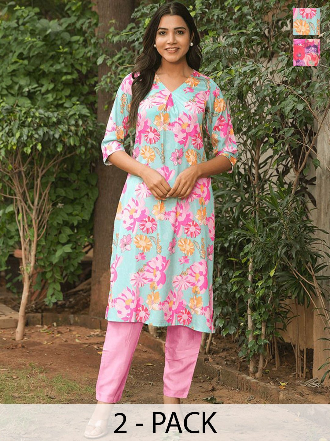 GULABI DORI Pack Of 2 Printed Pure Cotton Tunics With Trousers