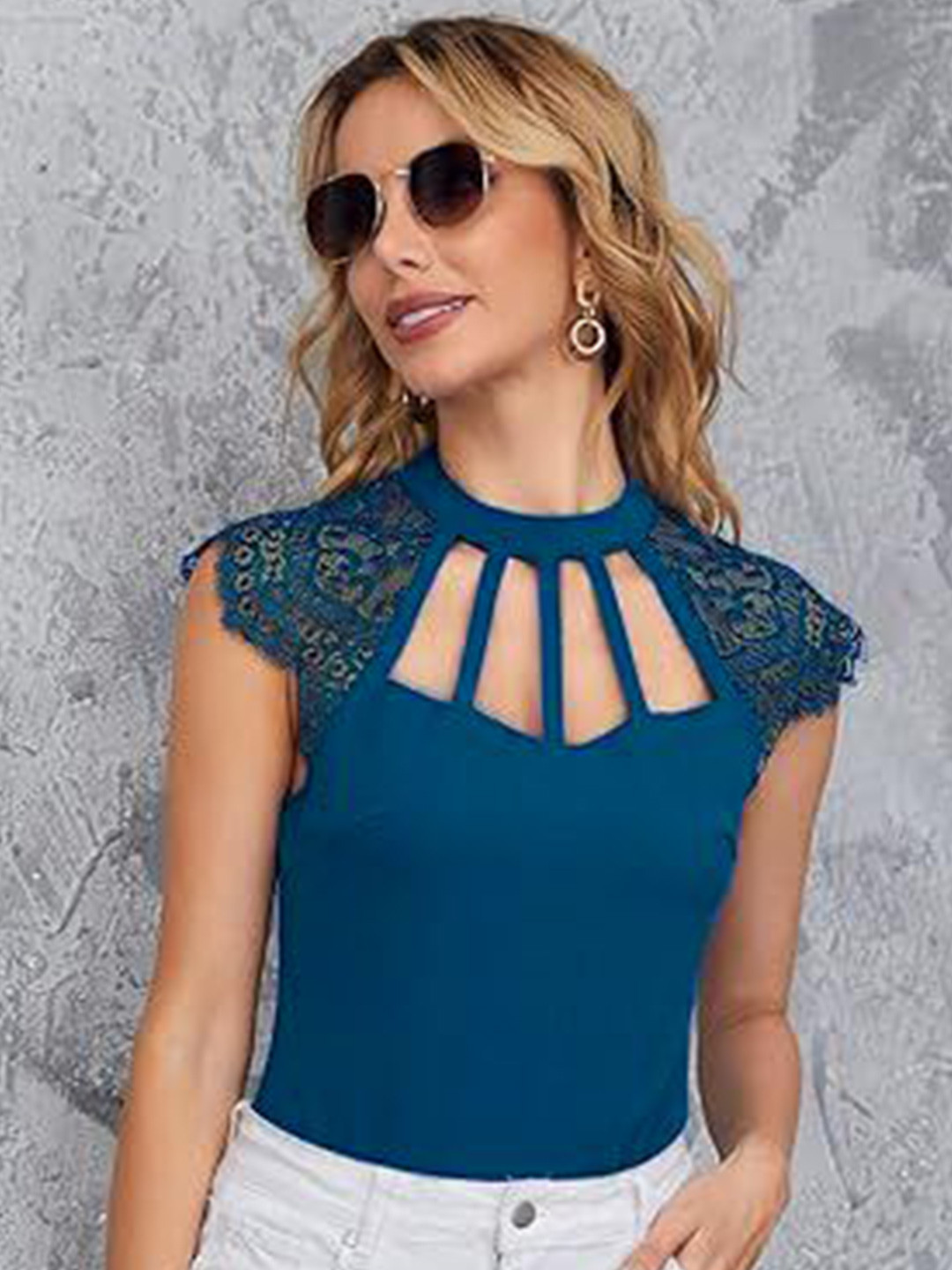 Projas High Neck Lace Sleeve Regular Top